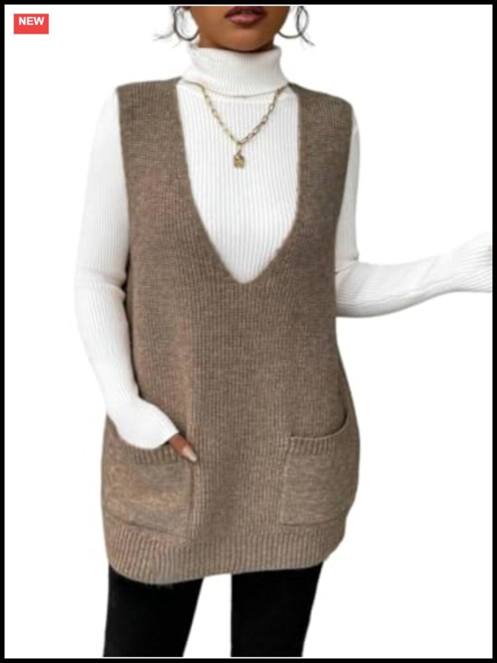 V Neck Knit Sweater Vest Sleeveless Pocket Tunic Top Loose Fit Casual A-Line